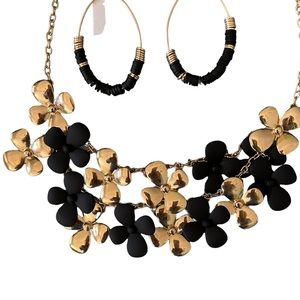 Black and gold double strand flower necklace and earrings
